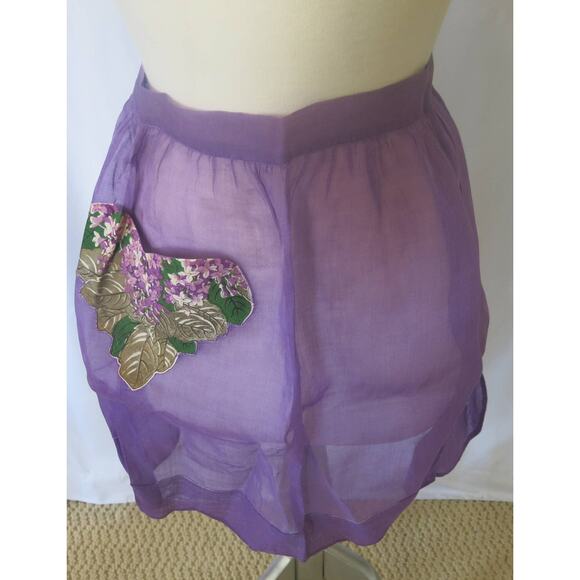 VINTAGE 1950/1960 Half Apron Handmade Organza Pocket Violets Purple - Picture 1 of 7